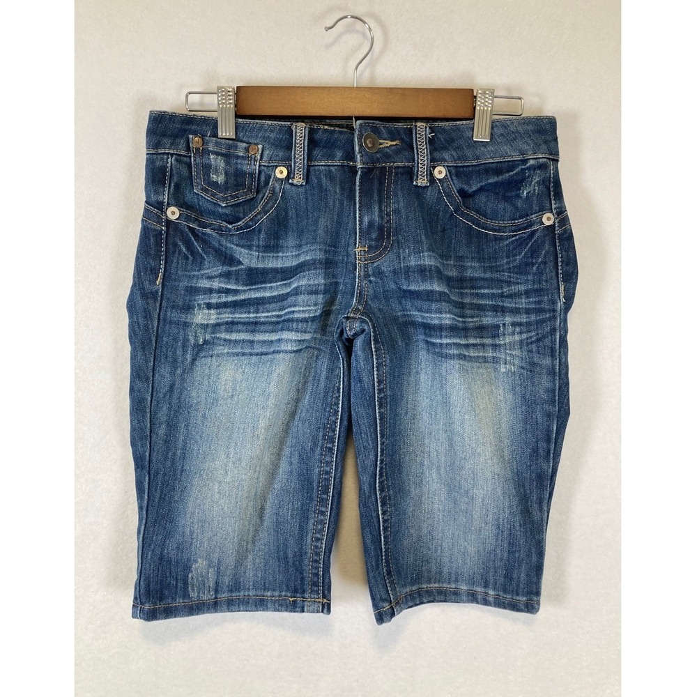 Y2K Aesthetic YMI Women 5 Denim Bermuda Shorts Embroidered Distressed Mid Rise
